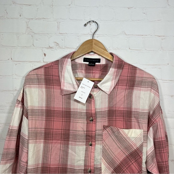 Sanctuary Bianca Plaid Flannel Shirt Womens Large Pink Cropped Casual NWT - Picture 2 of 11